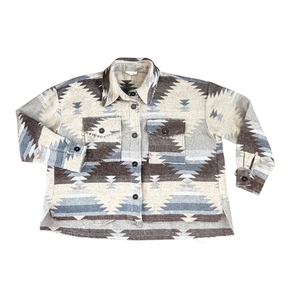 LA MIEL Neutral Aztec Print Shacket in Cream, Gray, Brown, Blue